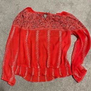 Lucky Brand Bright Red Sheer Long Sleeve Blouse Size M
